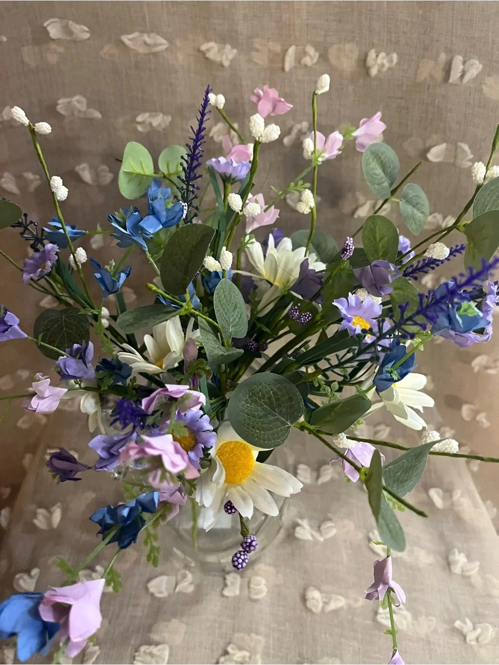 Handcrafted Faux Floral Bouquet with White, Purple & Blue Accents